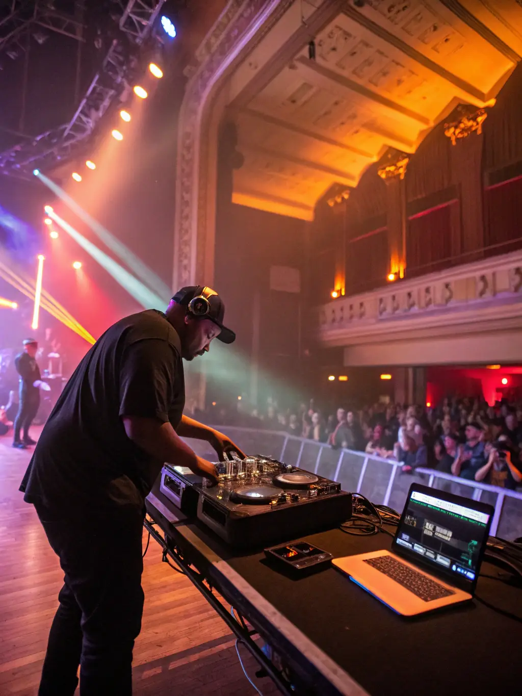 A dynamic image of DJABOSS performing live on stage, with vibrant lighting and an enthusiastic audience, capturing the energy of their shows.