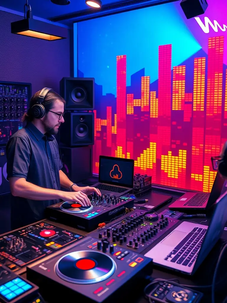 A photo of DJABOSS members collaborating on a new musical piece in a creative studio environment, showcasing their teamwork and innovation.