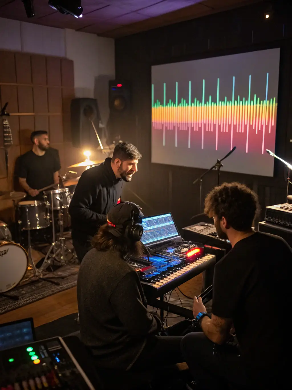 A photo of DJABOSS conducting a music workshop, showing diverse participants actively engaged in learning and playing instruments.